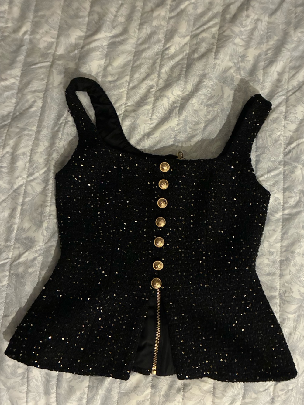 Seraphine Black Sequin Tweed Mini Dress with Gold Buttons